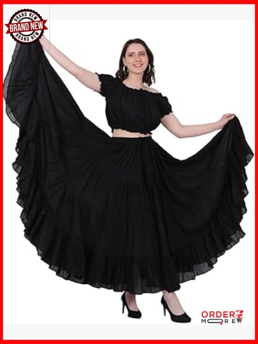 Maxi Cotton Skirt for Dance, 37" Length, Elastic Waist, 4-Tier Flowy